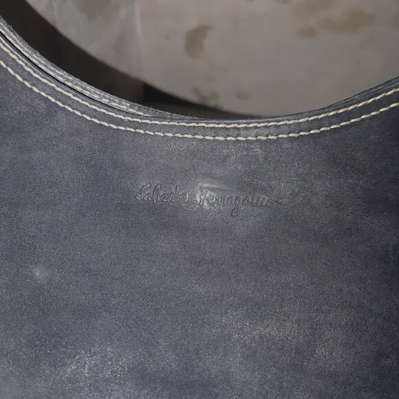 Salvatore Ferragamo Hobo Bag Black Leather Suede White Stitching Italy - Picture 11 of 16